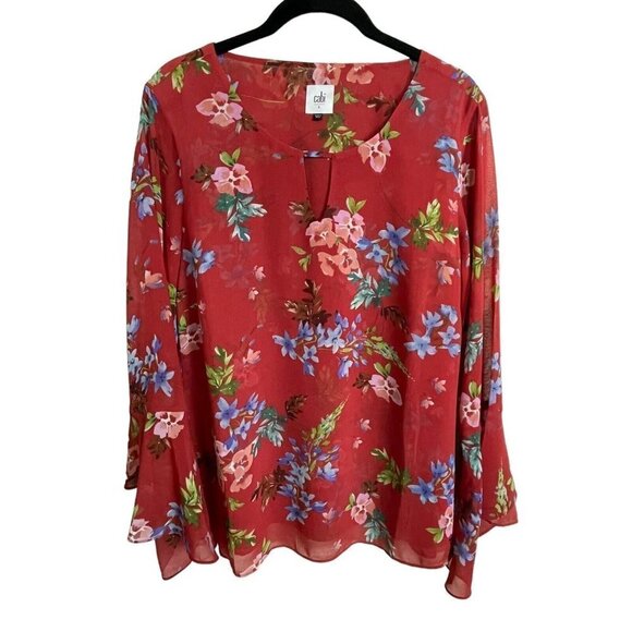 Cabi Devoted Sz S Blouse Red Floral Bell Sleeves Medium 3590 Multi Color Layered - Picture 2 of 8